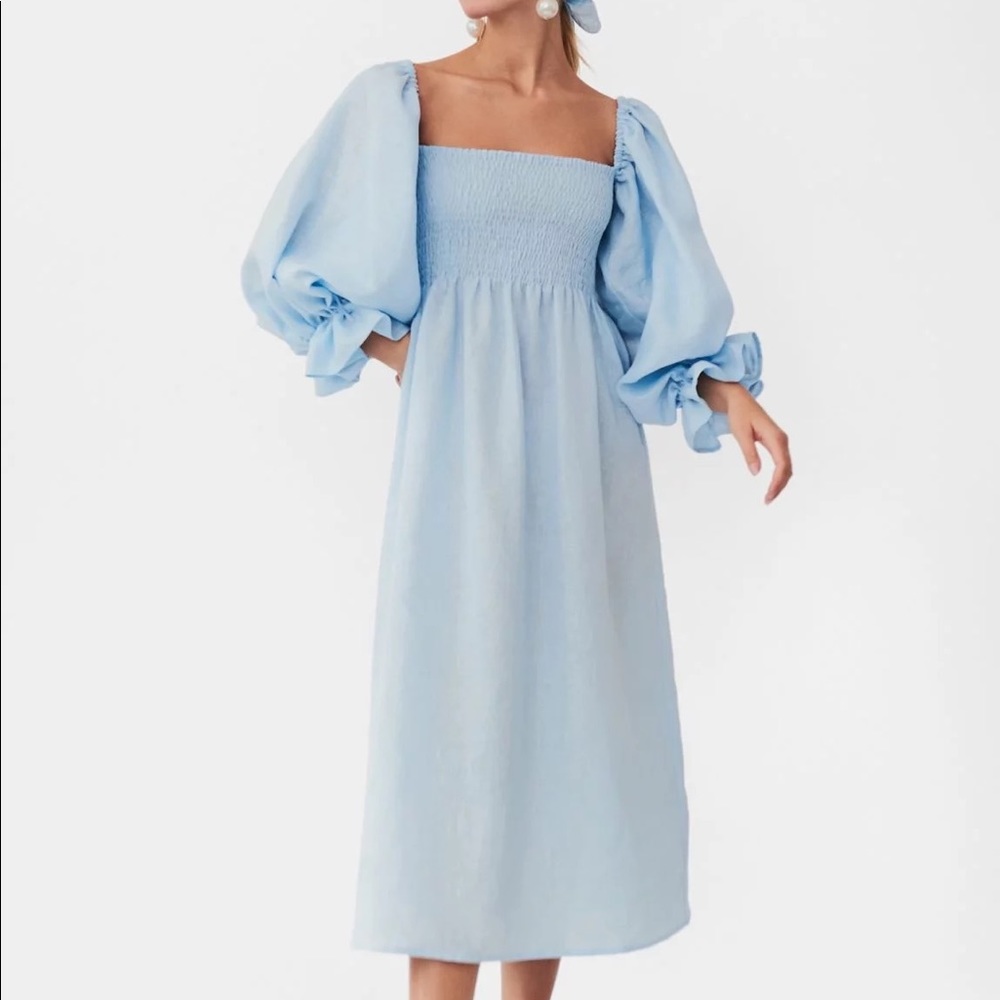 Sleeper Light Blue Puff-Sleeve Midi Dress